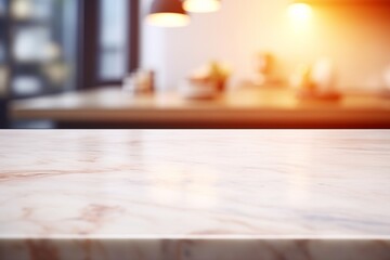 Against a softly defocused kitchen backdrop, a marble counter table top becomes an inviting choice for presenting products or creating design concepts. Created with generative AI tools