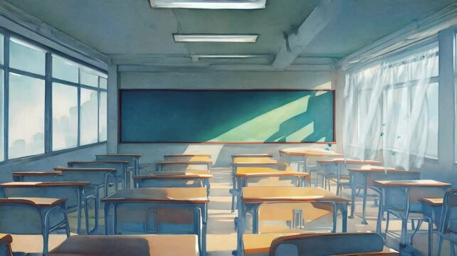 illustration of a large blackboard classroom in school or university with desks and chairs on sunny morning. Back to school Japanese anime illustration style. Seamless Animation 4K Video Background.