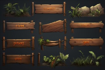 Wooden signboards in jungle. Wood board with tropic leaves, moss and liana plants for game ui - obrazy, fototapety, plakaty