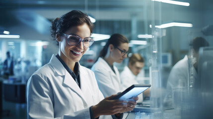 Cheerful female scientist wearing glasses and a lab coat is holding a tablet in a modern laboratory setting