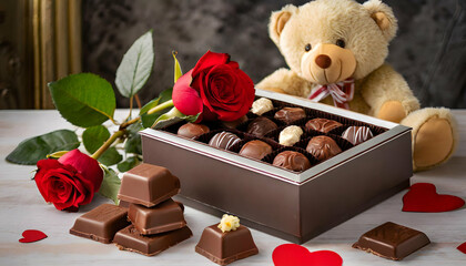 Valentine's rose, chocolate and bear