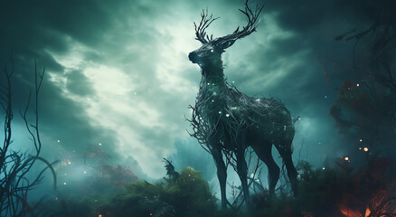 Scary futuristic animals under the sky around the forest deer turned into tree branches - obrazy, fototapety, plakaty