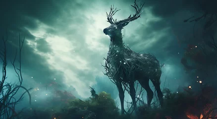 Fototapete Scary futuristic animals under the sky around the forest deer turned into tree branches © Sumon758