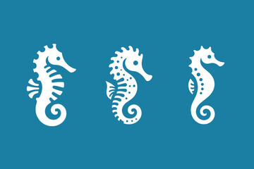 Sea Horse. Beautiful simple modern logo, icon set. Various white colors on a blue background - obrazy, fototapety, plakaty