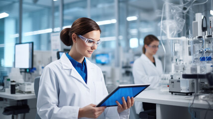 Cheerful female scientist wearing glasses and a lab coat is holding a tablet in a modern laboratory setting