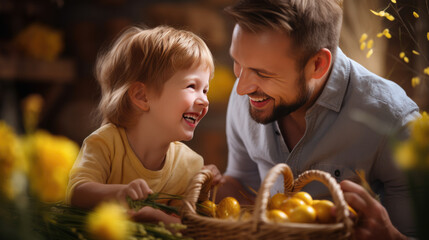 Young child and a parent, smiling at each other while holding a basket full of colorful Easter eggs - obrazy, fototapety, plakaty
