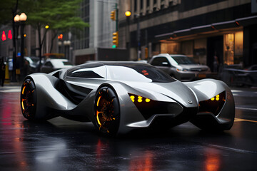 Hyper futuristic car in New York street. Super realistic future driving concept.