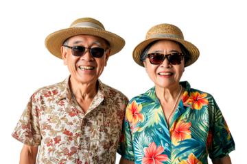 Joyful Asian Senior Couple in Summer Vacation Outfits, Transparent Background
