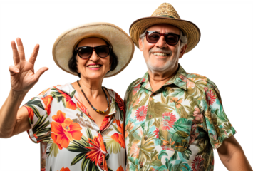 Cheerful elderly couple in summer vacation attire celebrating life, transparent background