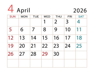 2026年カレンダー　4月	