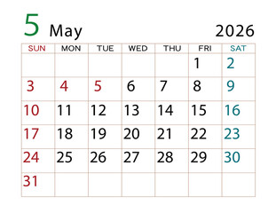 2026年カレンダー　5月