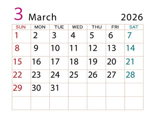2026年カレンダー　3月	