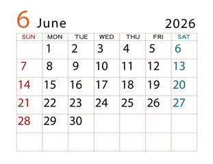 2026年カレンダー　6月	
