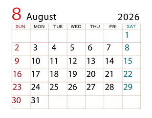 2026年カレンダー　8月