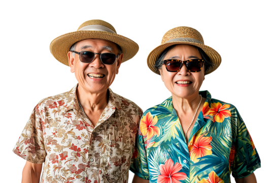 Joyful Asian Senior Couple in Summer Vacation Outfits, Transparent Background