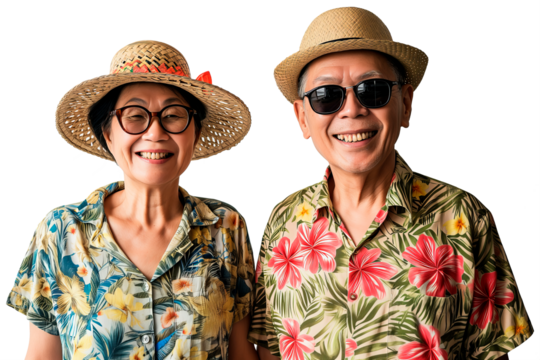 Cheerful Senior Asian Couple in Hawaiian Shirts, Transparent Background