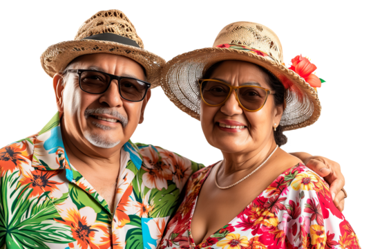 Smiling Latino Senior Couple in Vibrant Summer Attire, Transparent Background