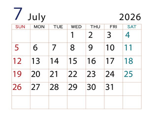 2026年カレンダー　7月	