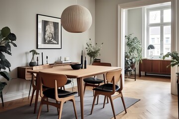 Mid-century-inspired Copenhagen dining area with a mix of vintage and contemporary elements, creating a timeless appeal