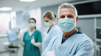 Healthcare professional in the foreground giving a thumbs-up and wearing a surgical mask, with a colleague in the background doing the same, both in a clinical setting.