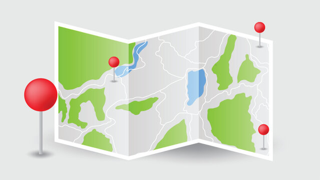 flat background of location route map fold page with red pins