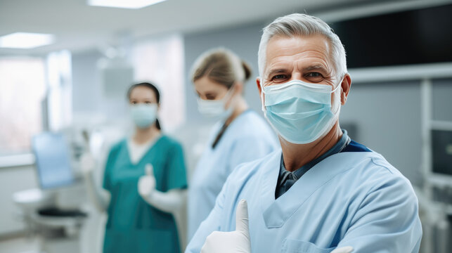 Healthcare Professional In The Foreground Giving A Thumbs-up And Wearing A Surgical Mask, With A Colleague In The Background Doing The Same, Both In A Clinical Setting.