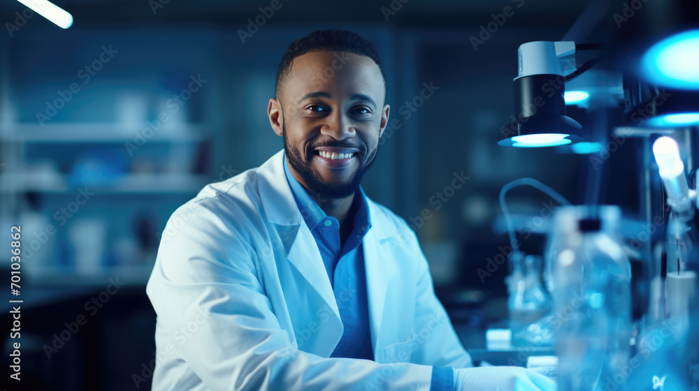 Poster scientist using a microscope in a laboratory setting
