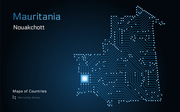 Mauritania Glowing Map with a capital of Nouakchott Shown in a Microchip Pattern. E-government. World Countries vector maps. Microchip Series	
