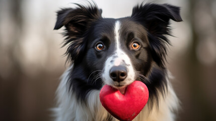 Border Collie holding a red heart in its mouth against a vibrant red background