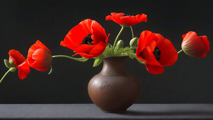 Beautiful red flowers in clay pots Ai Generated - Powered by Adobe