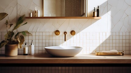 Mid-century bathroom design featuring geometric tiles, a floating vanity, and brass fixtures in a Copenhagen residence