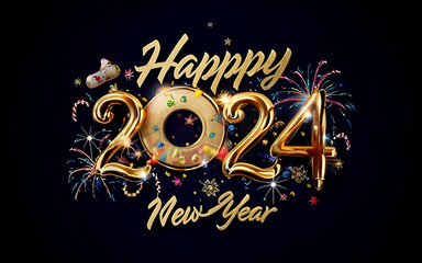 Embroidery "Happy New Year 2024" With a nighttime backdrop including golden stars and multicolored pyrotechnics "Cocconcelli" is written at the bottom in golden cursive typography. It is a ukiyo-e, 3D