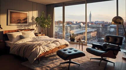 Mid-century bedroom retreat with a cozy reading nook, iconic furniture, and a panoramic view of Copenhagen's cityscape