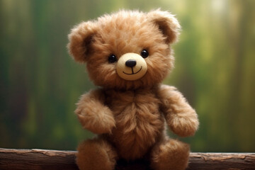 Cute looking fluffy teddy bear toy sitting on plain background with copy space