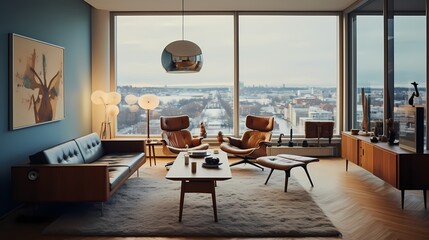 Mid-century Copenhagen living room with iconic Danish furniture, teak accents, and large windows overlooking the cityscape