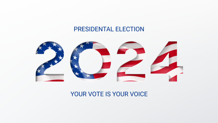 US presidential election 2024 banner. Template of isolated typography symbol of USA election voting. US Election 2024 campaign. Vote day. Paper cutout effect with USA flag. Vector illustration.