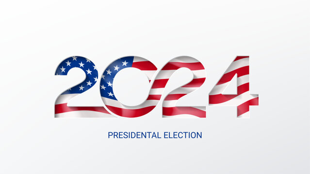 US presidential election 2024 banner. Template of isolated typography symbol of USA election voting. US Election 2024 campaign. Vote day. Paper cutout effect with USA flag. Vector illustration.