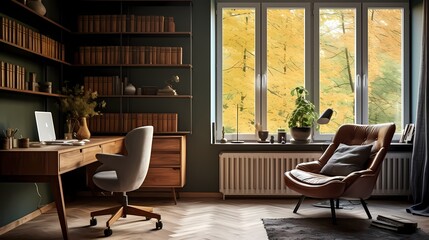 Mid-century home office featuring a vintage desk, iconic chair, and curated design elements inspired by Copenhagen's aesthetic
