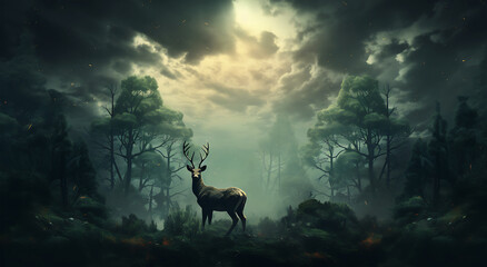A deer stands under a sky of trees around the forest - obrazy, fototapety, plakaty