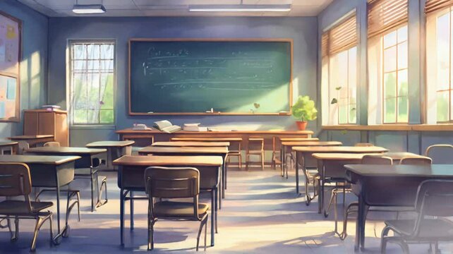 
Empty classroom in school or university with desks and chairs. Back to school Japanese anime illustration style. Seamless Animation 4K Video Background.