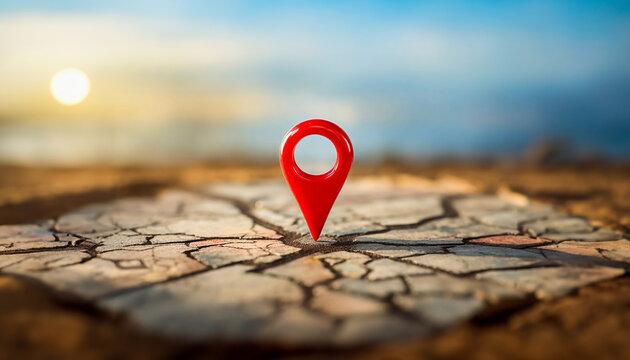 &Iacute;cone pin em 3D indicando lugar em terra seca com rachaduras e sol ao fundo desfocado.