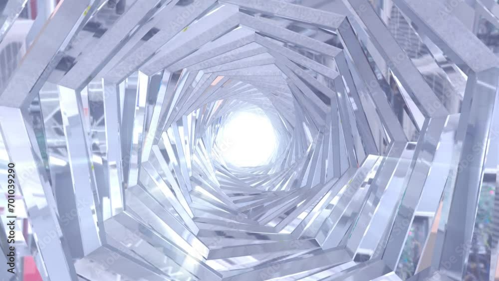Poster abstract metallic shiny silver chrome polyhedral tunnel frame made of lines of hexagonal edges, mech