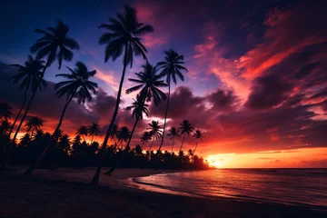Fototapeten Tropical beach sunset with silhouette of palm trees © youriy