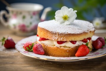 A delightful English Victoria sponge cake with strawberry and cream filling, dusted with icing sugar, on a vintage patterned plate