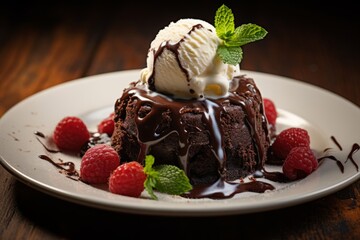 Indulgent dessert scene featuring a rich, dark molten chocolate cake with a side of creamy vanilla ice cream