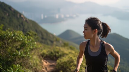 Portrait of Japanese women running in trail, trail running