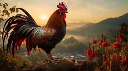 rooster in the sunset - obrazy, fototapety, plakaty