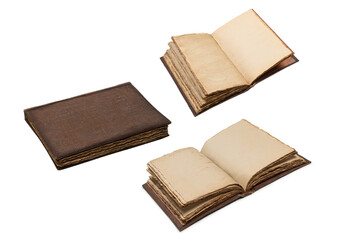 An open empty old notebook isolated on a white background.