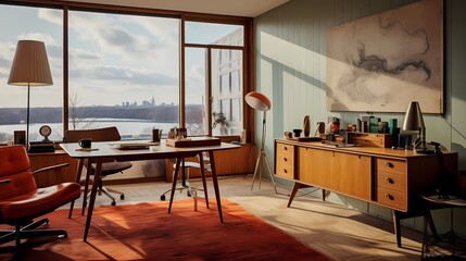 Mid-century modern study room with iconic Danish furniture, a vintage desk, and a panoramic view of Copenhagen