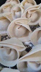 Row of raw chicken dumplings ready to be cooked, with black background, selective focus